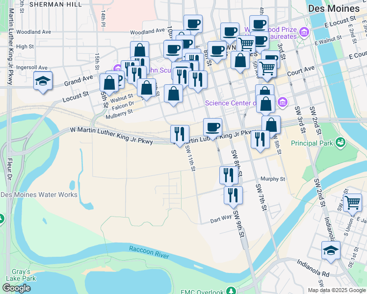 map of restaurants, bars, coffee shops, grocery stores, and more near 242 Southwest 11th Street in Des Moines