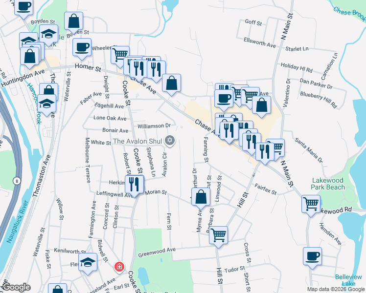 map of restaurants, bars, coffee shops, grocery stores, and more near 124 Gail Drive in Waterbury