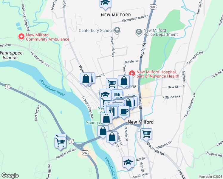 map of restaurants, bars, coffee shops, grocery stores, and more near 1 Aspetuck Avenue in New Milford