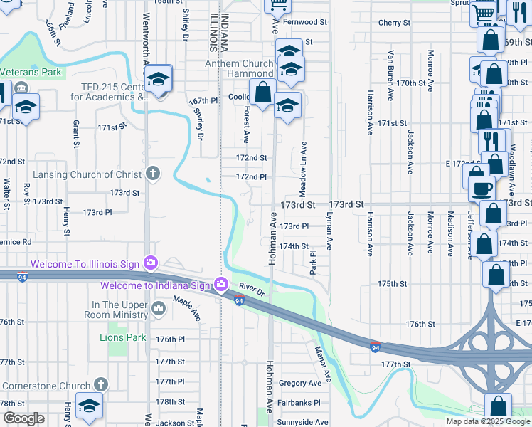 map of restaurants, bars, coffee shops, grocery stores, and more near 205 173rd Place in Hammond