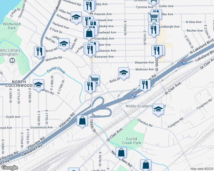 map of restaurants, bars, coffee shops, grocery stores, and more near 18814 Neff Road in Cleveland