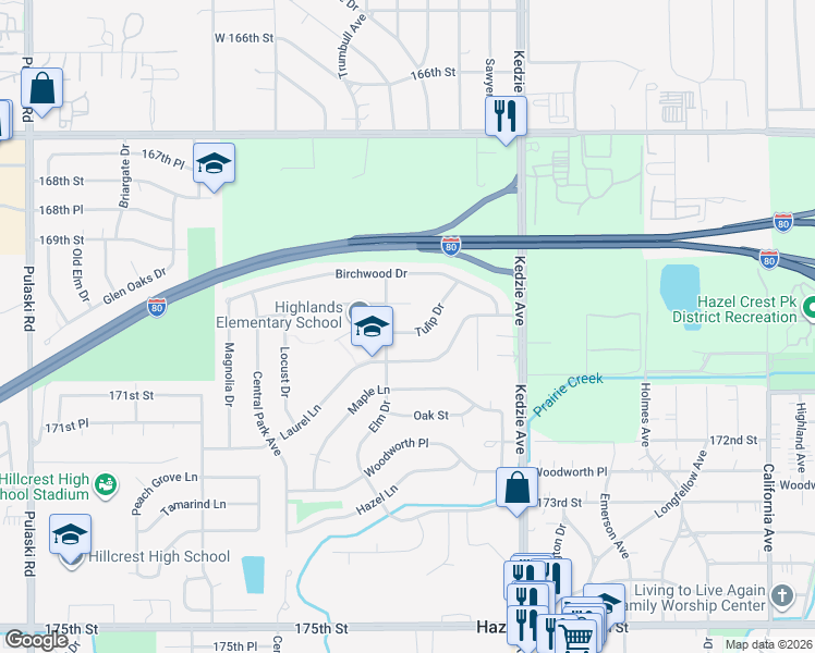 map of restaurants, bars, coffee shops, grocery stores, and more near 3324 Tulip Drive in Hazel Crest