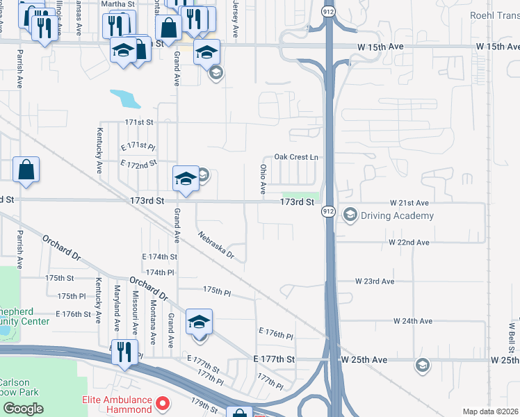 map of restaurants, bars, coffee shops, grocery stores, and more near 7334 Ohio Place in Hammond