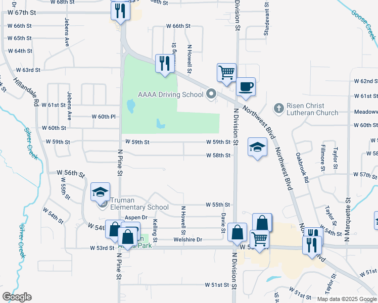 map of restaurants, bars, coffee shops, grocery stores, and more near 5731 North Howell Street in Davenport