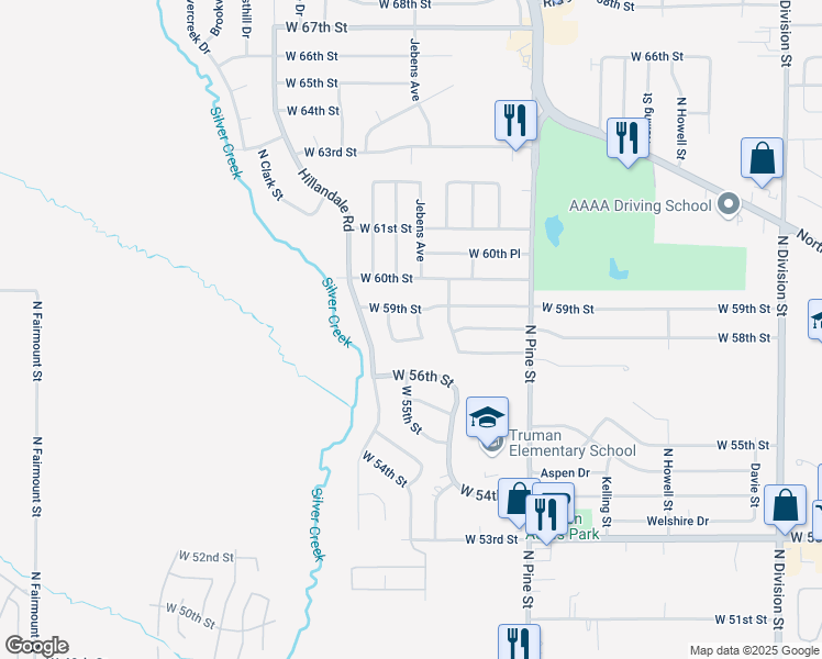map of restaurants, bars, coffee shops, grocery stores, and more near 2621 West 58th Street in Davenport