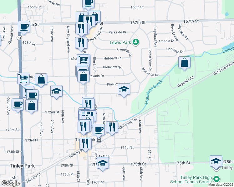 map of restaurants, bars, coffee shops, grocery stores, and more near 6601 West 171st Street in Tinley Park