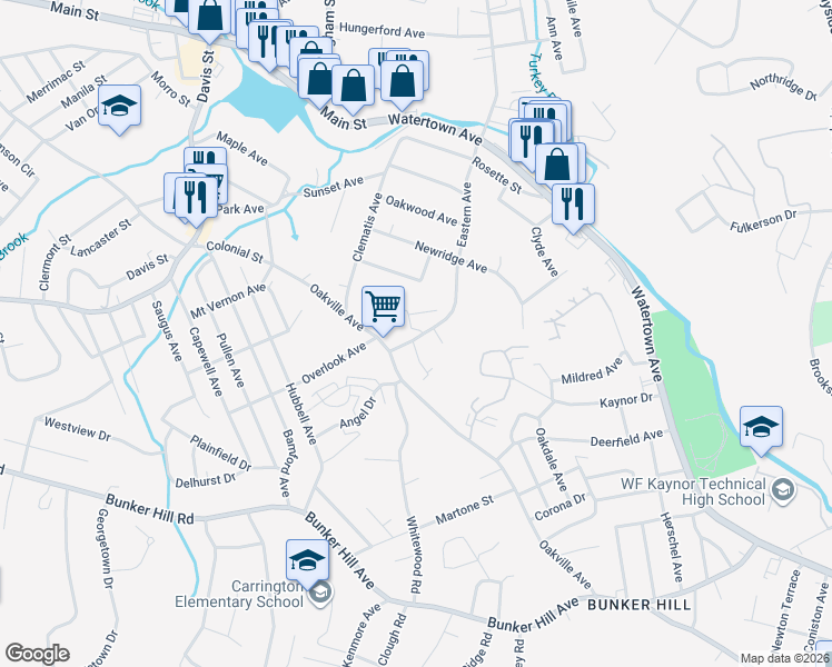 map of restaurants, bars, coffee shops, grocery stores, and more near 26 Elmer Street in Waterbury