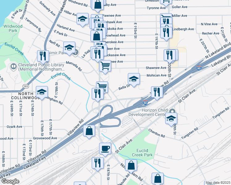 map of restaurants, bars, coffee shops, grocery stores, and more near 18814 Neff Road in Cleveland