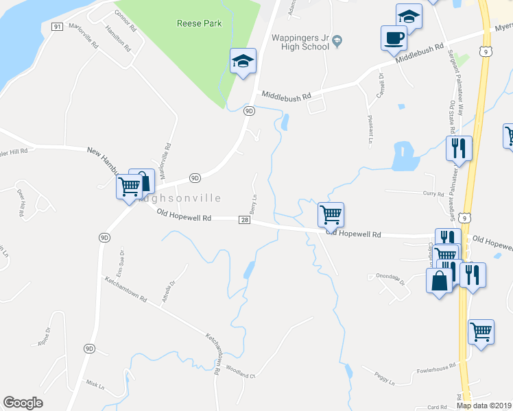 map of restaurants, bars, coffee shops, grocery stores, and more near 18 Berry Lane in Wappingers Falls