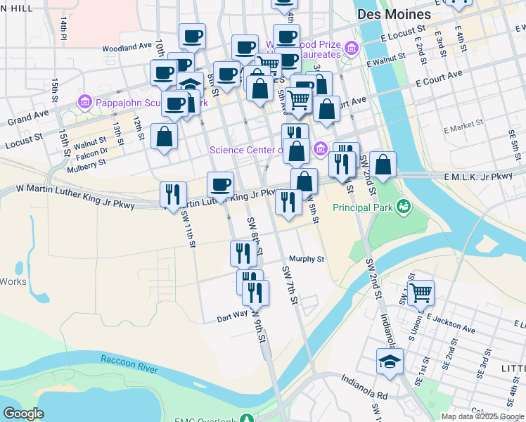 map of restaurants, bars, coffee shops, grocery stores, and more near 330 7th Street in West Des Moines