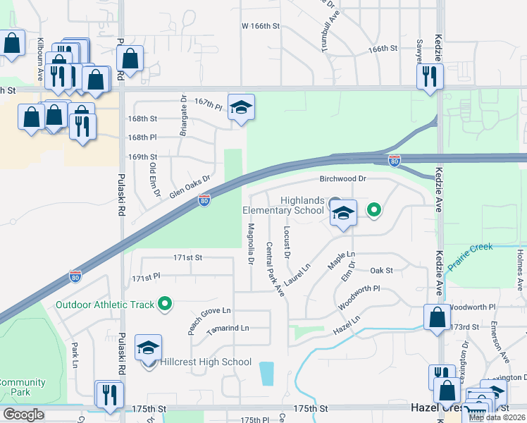 map of restaurants, bars, coffee shops, grocery stores, and more near 17012 Central Park Avenue in Hazel Crest