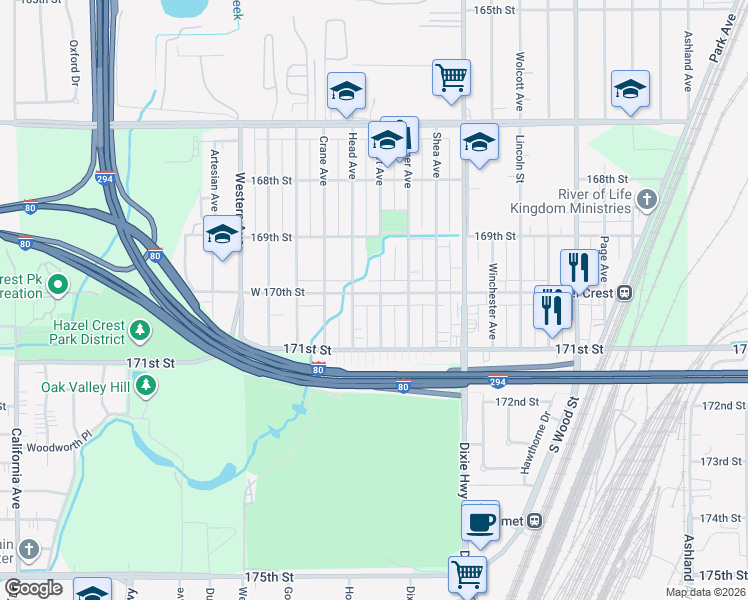 map of restaurants, bars, coffee shops, grocery stores, and more near 17043 Trapet Avenue in Hazel Crest