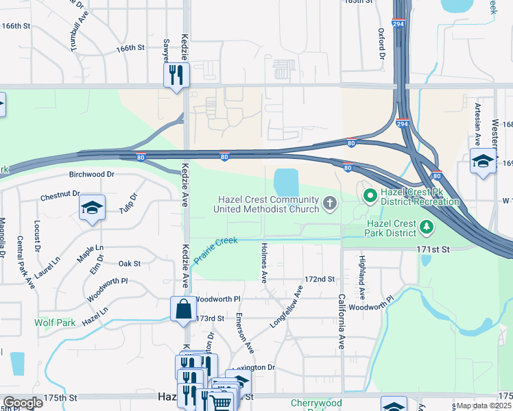 map of restaurants, bars, coffee shops, grocery stores, and more near 17006 171st Street in Hazel Crest