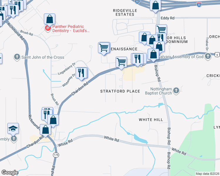 map of restaurants, bars, coffee shops, grocery stores, and more near 27400 Chardon Road in Willoughby Hills