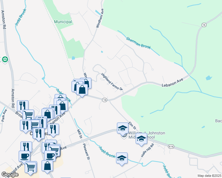 map of restaurants, bars, coffee shops, grocery stores, and more near 307 Lebanon Avenue in Colchester
