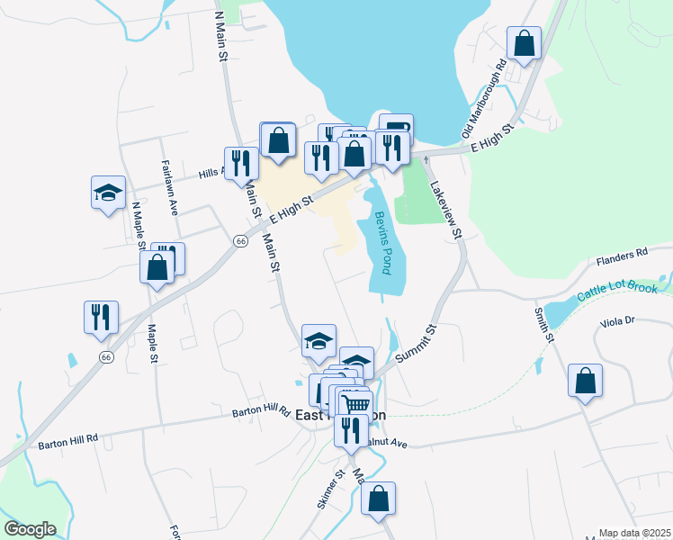 map of restaurants, bars, coffee shops, grocery stores, and more near 28 Bevin Boulevard in East Hampton
