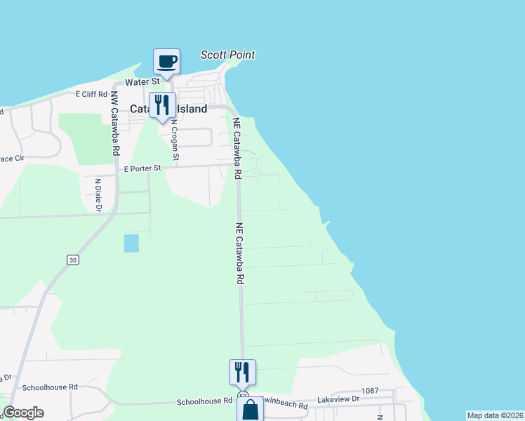 map of restaurants, bars, coffee shops, grocery stores, and more near 5568 East South Fairway Drive in Port Clinton