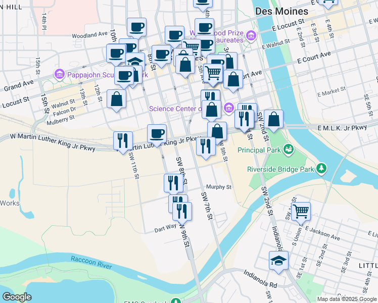 map of restaurants, bars, coffee shops, grocery stores, and more near 330 7th Street in West Des Moines