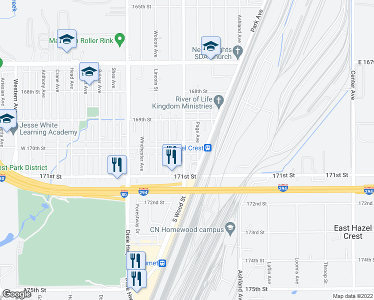 map of restaurants, bars, coffee shops, grocery stores, and more near 17001 South Wood Street in Hazel Crest