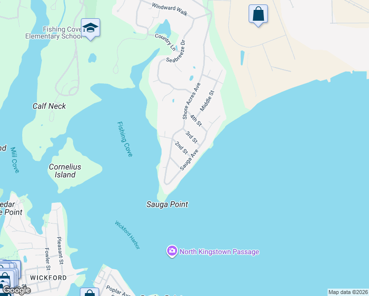 map of restaurants, bars, coffee shops, grocery stores, and more near 89 Sauga Avenue in North Kingstown