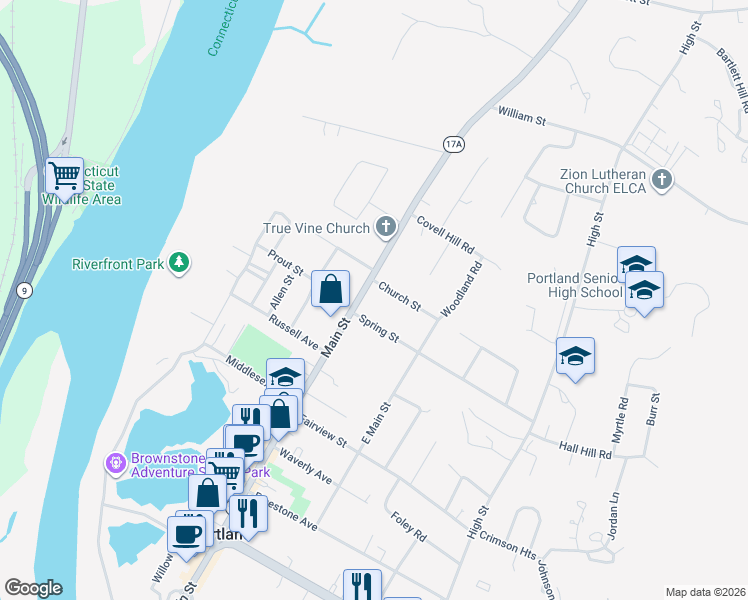 map of restaurants, bars, coffee shops, grocery stores, and more near 359 Main Street in Portland