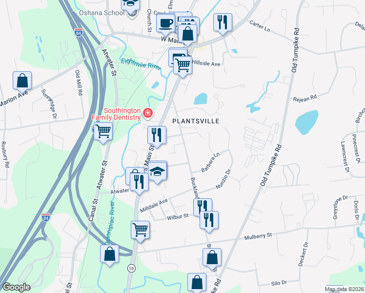 map of restaurants, bars, coffee shops, grocery stores, and more near 138 Buckland Street in Southington