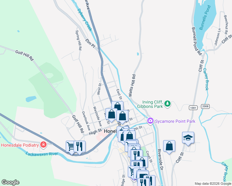 map of restaurants, bars, coffee shops, grocery stores, and more near 1407 East Street in Honesdale
