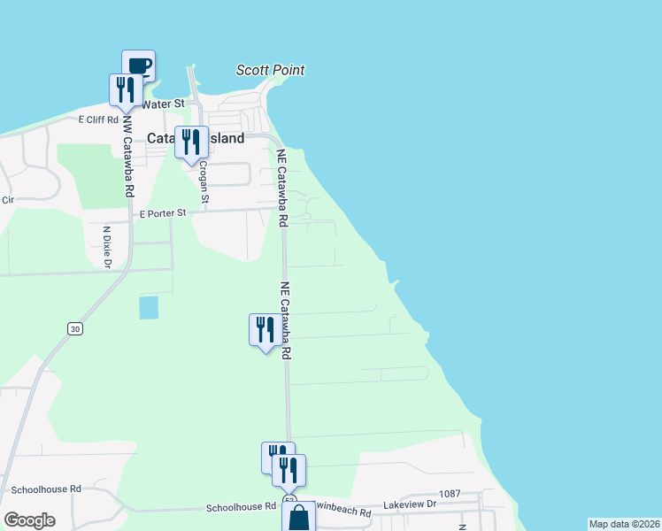 map of restaurants, bars, coffee shops, grocery stores, and more near 5568-5598 East South Fairway Drive in Port Clinton