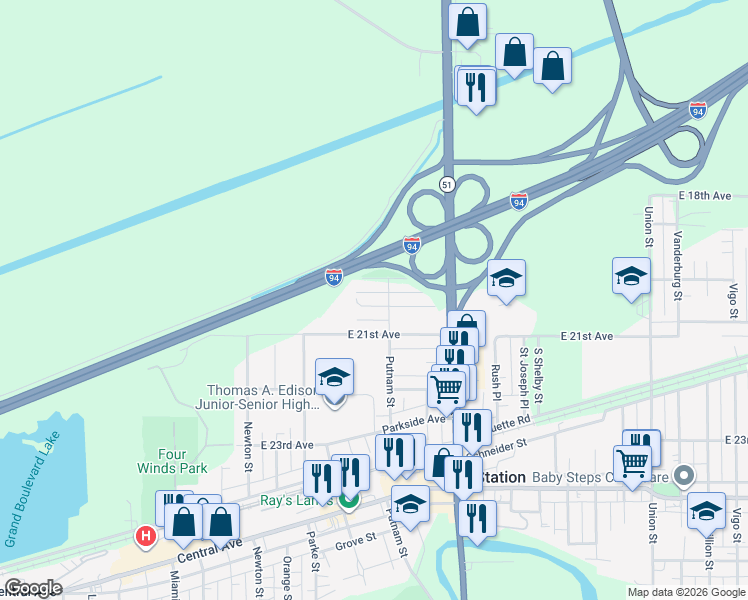 map of restaurants, bars, coffee shops, grocery stores, and more near 2052-2098 Putnam St in Lake Station