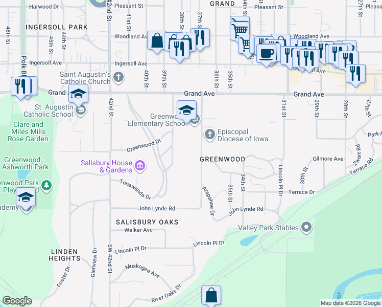 map of restaurants, bars, coffee shops, grocery stores, and more near 180 37th Street in Des Moines