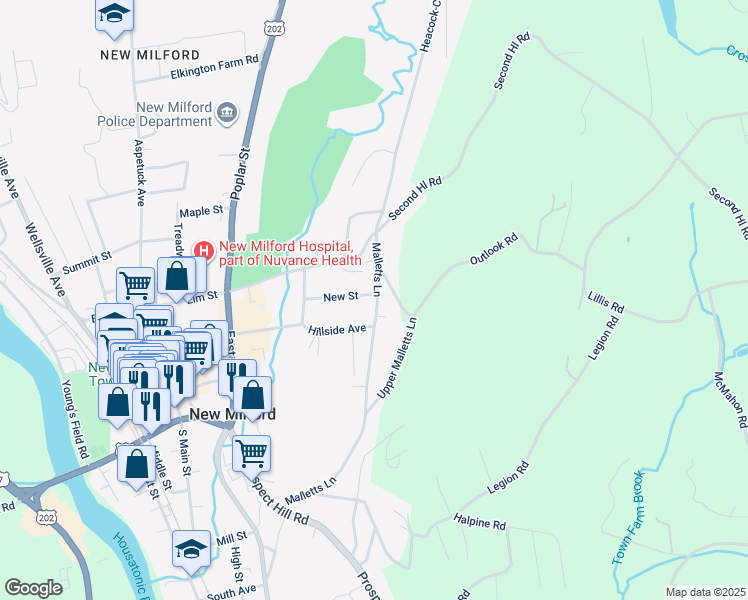 map of restaurants, bars, coffee shops, grocery stores, and more near 42 New Street in New Milford