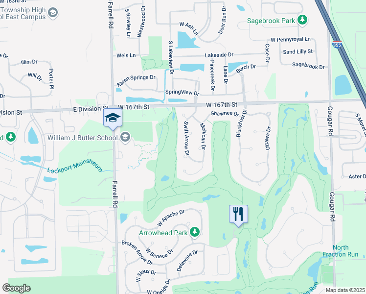 map of restaurants, bars, coffee shops, grocery stores, and more near 16858 Swift Arrow Drive in Lockport