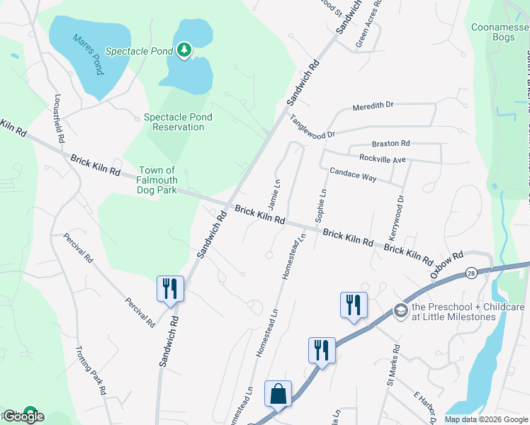 map of restaurants, bars, coffee shops, grocery stores, and more near 154 Brick Kiln Road in Falmouth