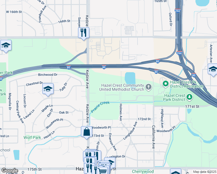 map of restaurants, bars, coffee shops, grocery stores, and more near 17007 Albany Avenue in Hazel Crest