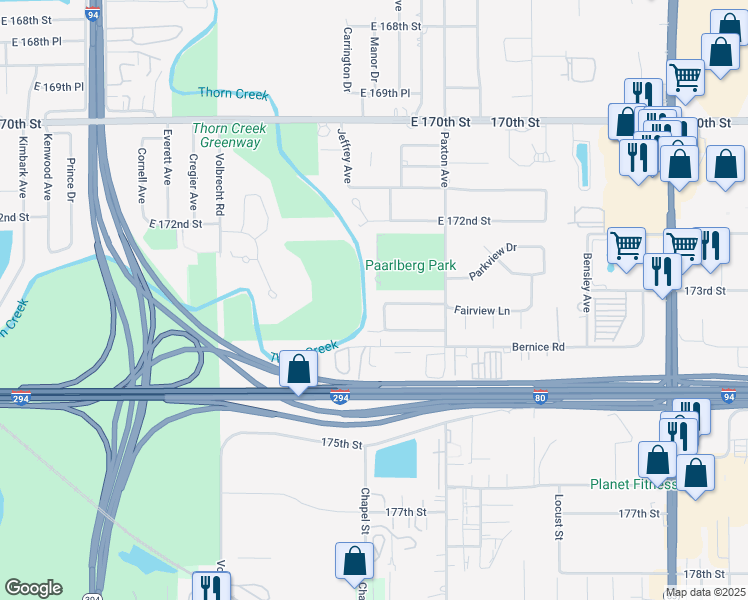map of restaurants, bars, coffee shops, grocery stores, and more near 17300 Clyde Avenue in South Holland
