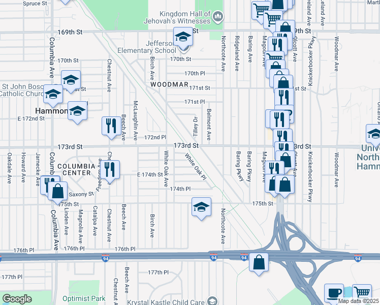map of restaurants, bars, coffee shops, grocery stores, and more near Erie Lackawanna Trail in Hammond