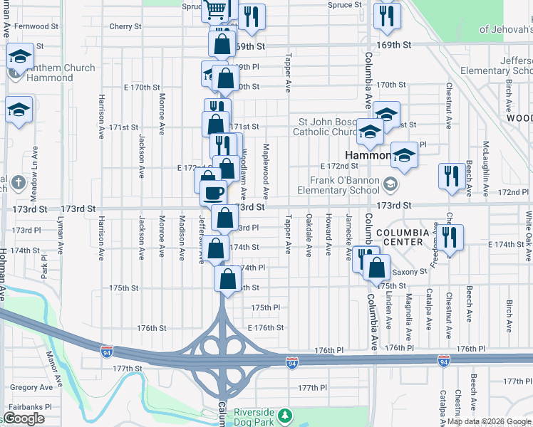 map of restaurants, bars, coffee shops, grocery stores, and more near 914 173rd Street in Hammond