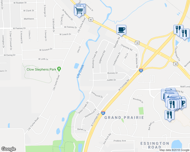 map of restaurants, bars, coffee shops, grocery stores, and more near 16629 Winding Creek Road in Plainfield