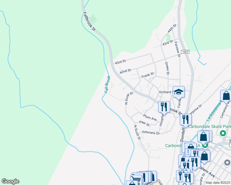 map of restaurants, bars, coffee shops, grocery stores, and more near 185 Fallbrook Street in Carbondale