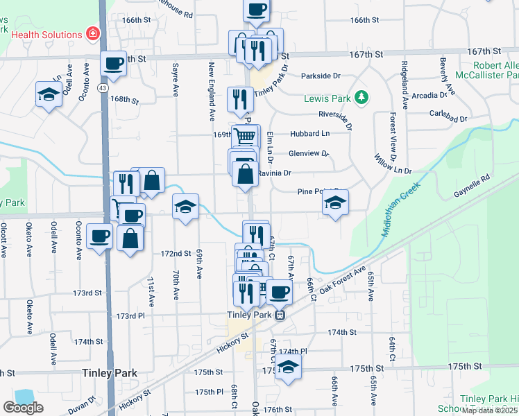 map of restaurants, bars, coffee shops, grocery stores, and more near 17023 Oak Park Avenue in Tinley Park