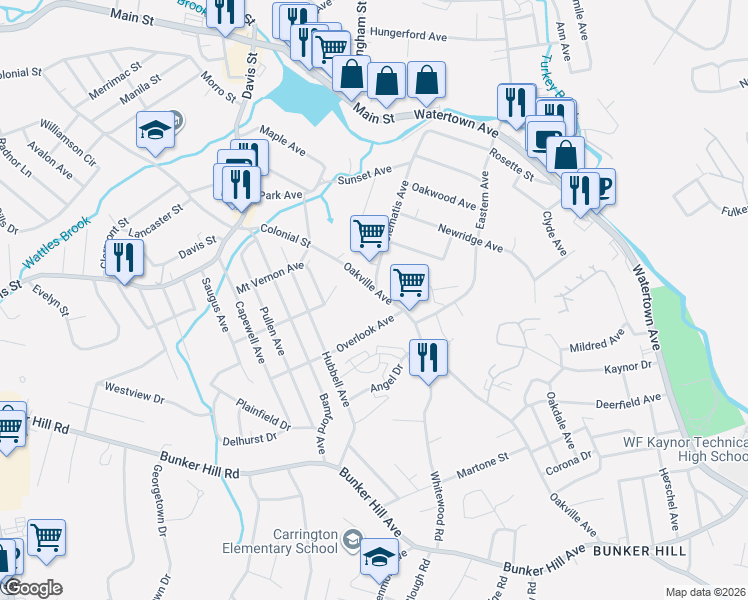 map of restaurants, bars, coffee shops, grocery stores, and more near 191 Clematis Avenue in Waterbury