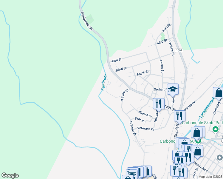 map of restaurants, bars, coffee shops, grocery stores, and more near 187 Fallbrook St in Carbondale