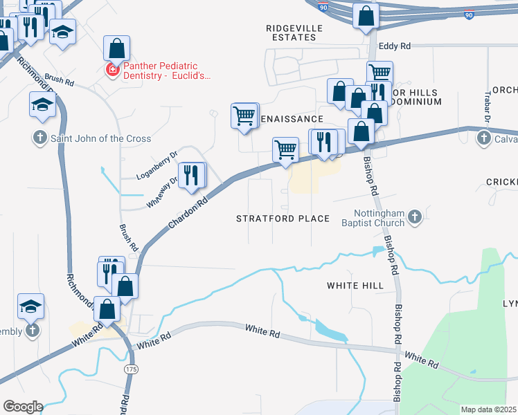 map of restaurants, bars, coffee shops, grocery stores, and more near 2888 Andover Circle in Willoughby Hills