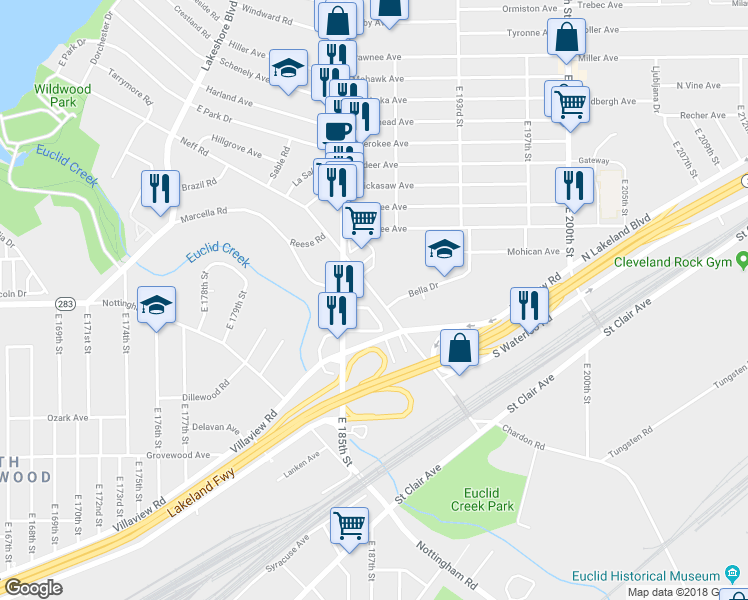 map of restaurants, bars, coffee shops, grocery stores, and more near 18606 Neff Road in Cleveland