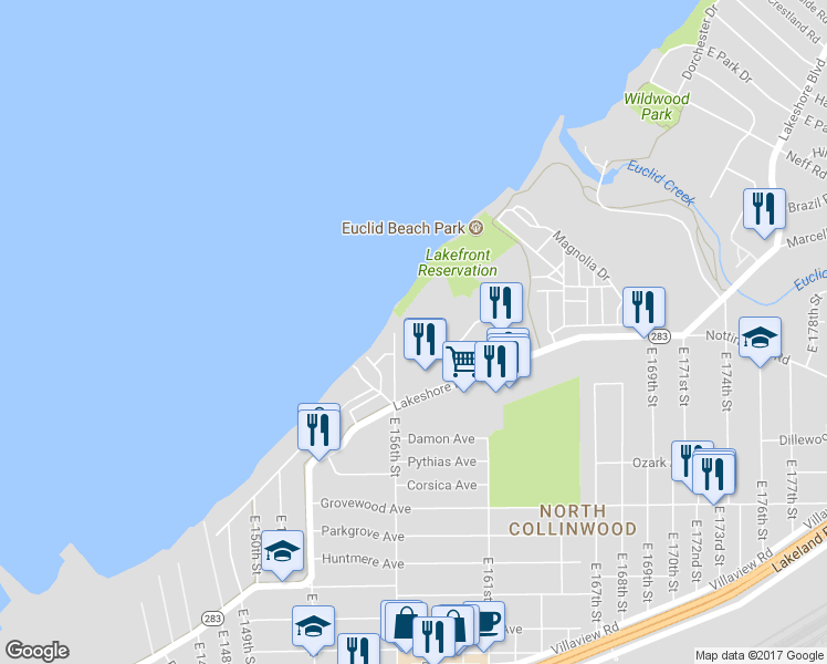 map of restaurants, bars, coffee shops, grocery stores, and more near 125 East 156th Street in Cleveland