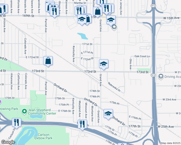 map of restaurants, bars, coffee shops, grocery stores, and more near 7235 Missouri Avenue in Hammond