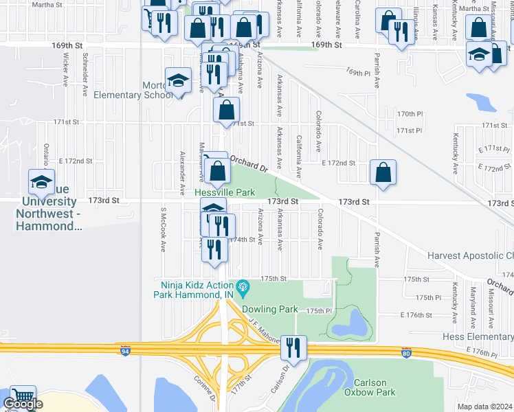 map of restaurants, bars, coffee shops, grocery stores, and more near 2919-2937 173rd Street in Hammond