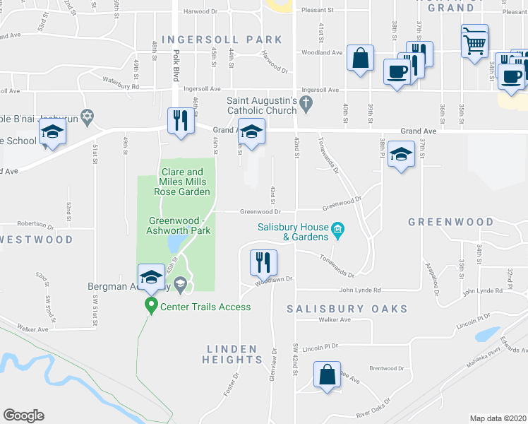 map of restaurants, bars, coffee shops, grocery stores, and more near 4325 Greenwood Drive in Des Moines