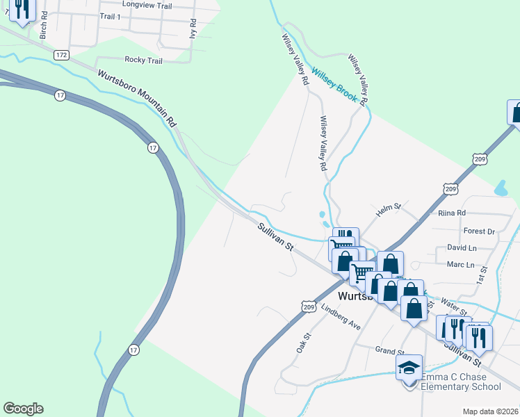 map of restaurants, bars, coffee shops, grocery stores, and more near 15 Schultz Ln in Wurtsboro