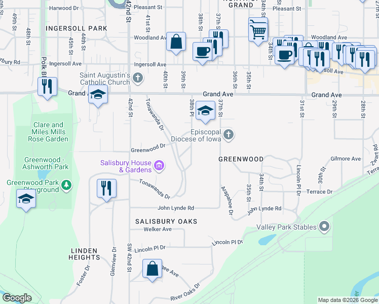 map of restaurants, bars, coffee shops, grocery stores, and more near 3821 Woods Drive in Des Moines